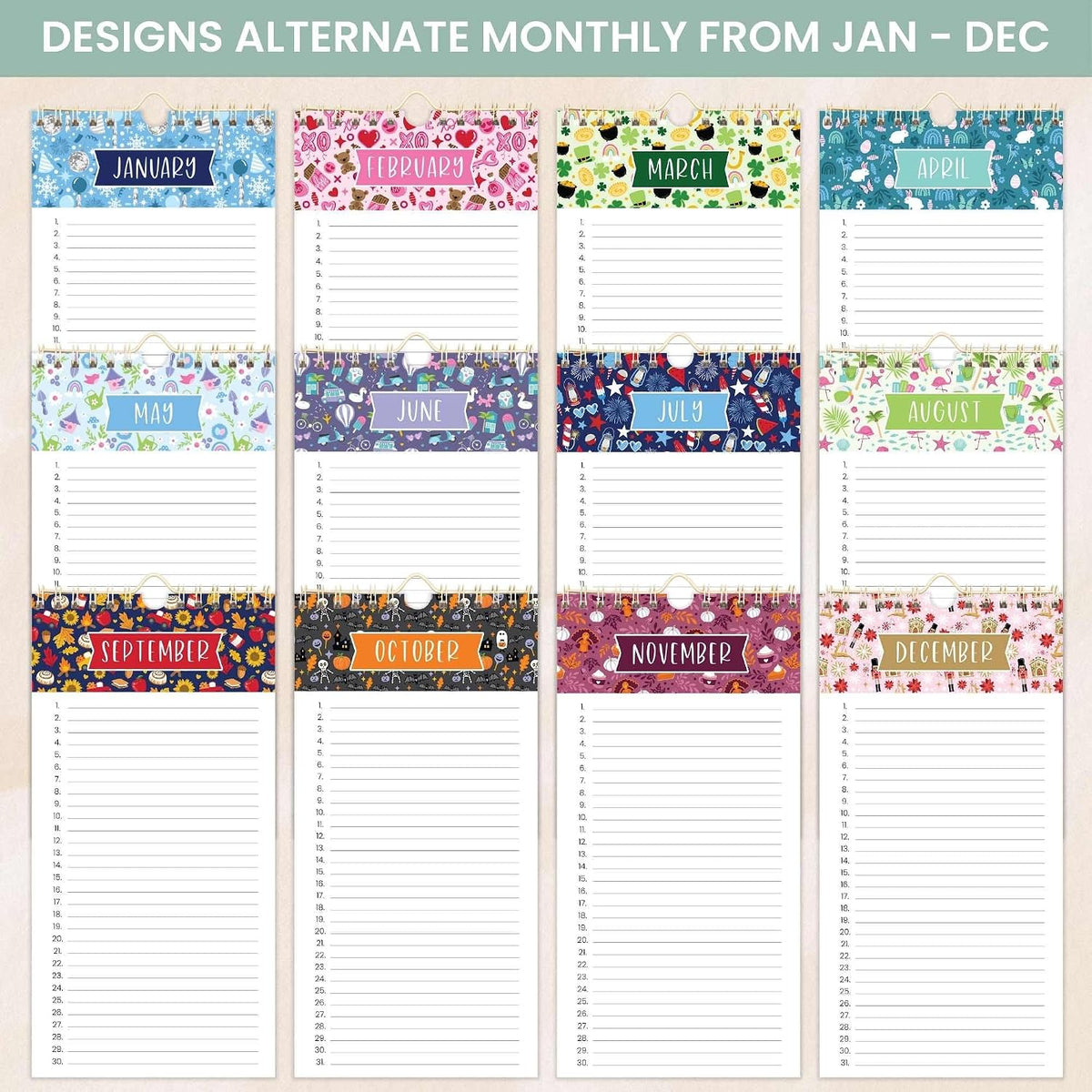 bloom daily planners Perpetual Hanging Flip Calendar - 5” x 10” - Monthly Wall Organizer Notepad for Important Dates, Birthdays, Anniversaries - Holiday Icons