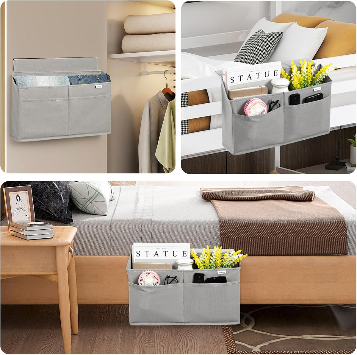 Desk Side Hanging Organizer, Adhesive Storage Bag with Pockets for Magazine Ipad Notebook, for End Tables Home Office Desks Computer Workstations Dressing Table, Grey