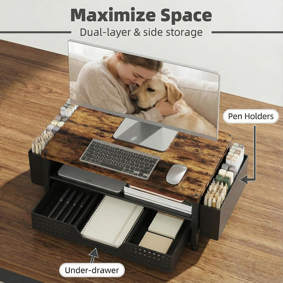 LEKETREE Wood Desk Organizer, 2-Tier Computer Monitor Stand Riser with Storage Drawer and 2 Pen Holders, Laptop & Printer Stand, Shelf for Top of Desk (Wood)