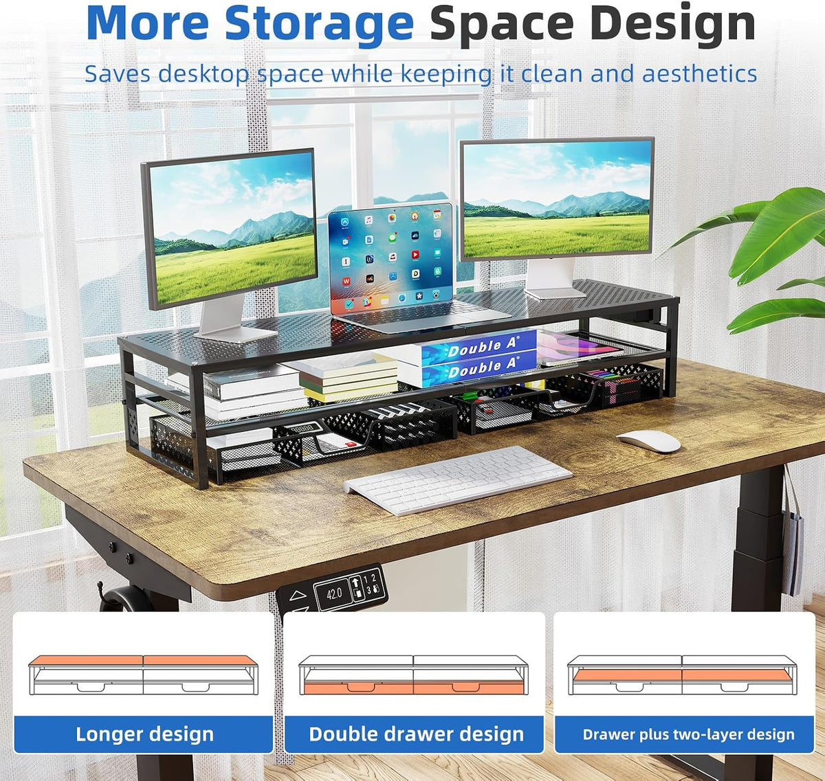 Simple Trending 2-Tier Metal Dual Monitor Stand with USB & 2 Drawers, Black