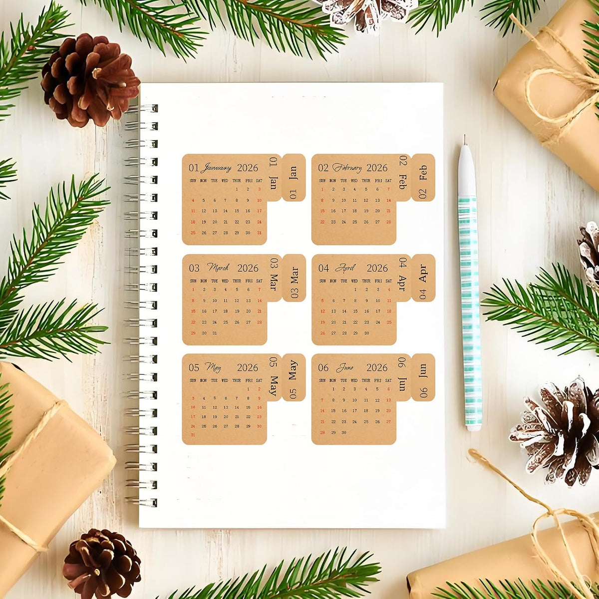 2026 Calendar Stickers Kraft Monthly Planner Index Divider 120Pcs