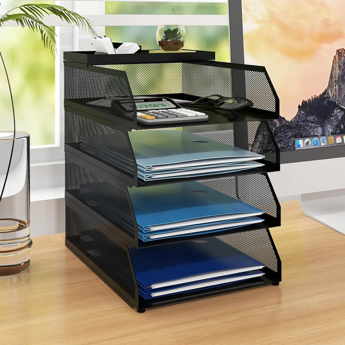 Natwind 4-Tier Stackable Metal Mesh Desk Paper Tray Organizer,Black