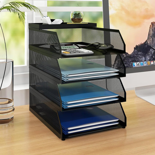 Natwind 4-Tier Stackable Metal Mesh Desk Paper Tray Organizer,Black