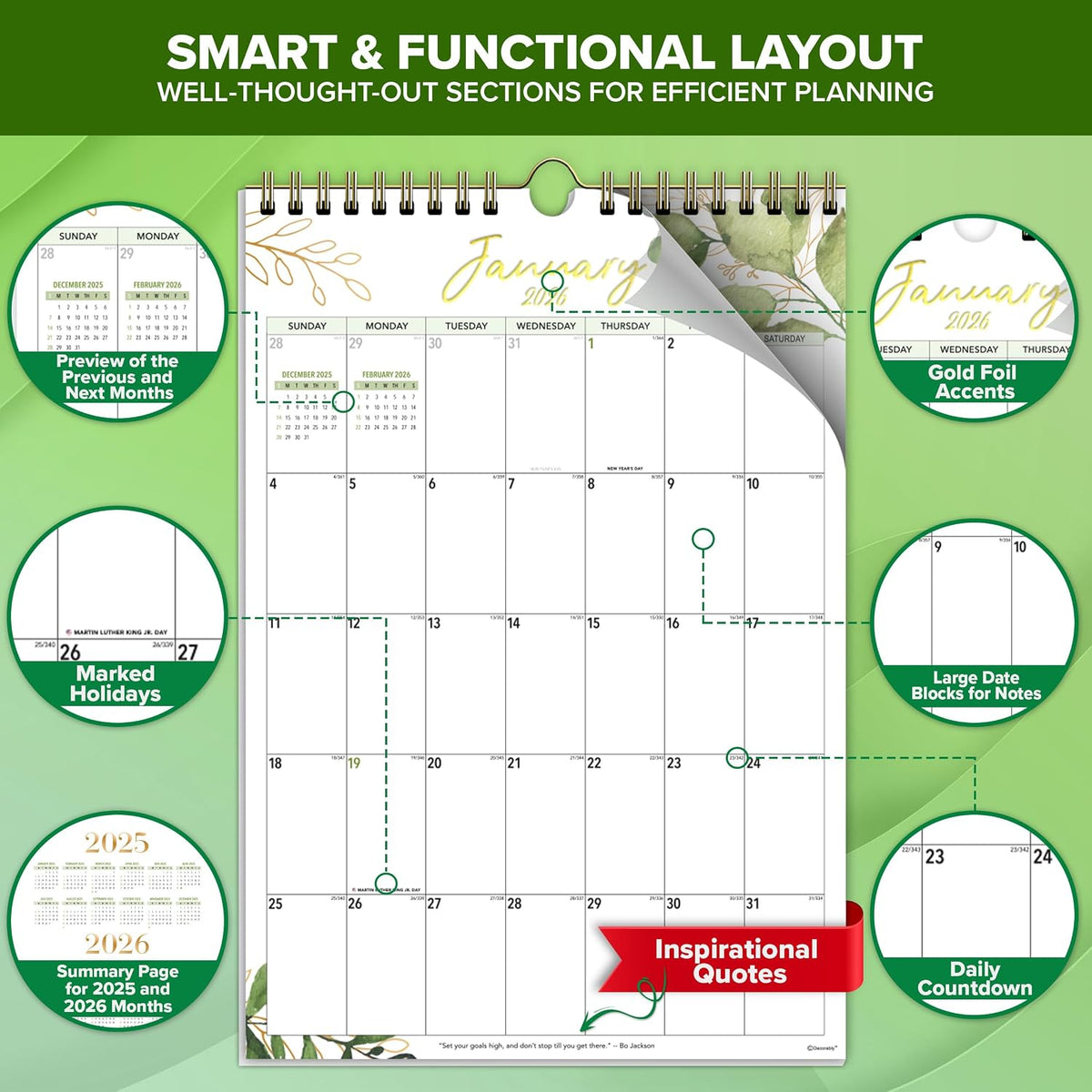 Decorably 18 Months Gold-Foiled Greenery Academic Hanging 2025 Calendar Wall July 2025 to Dec 2026, 10x14.5in Spring-Bound Office Wall Calendar with Stickers & Inspirational Quotes, Work and Home