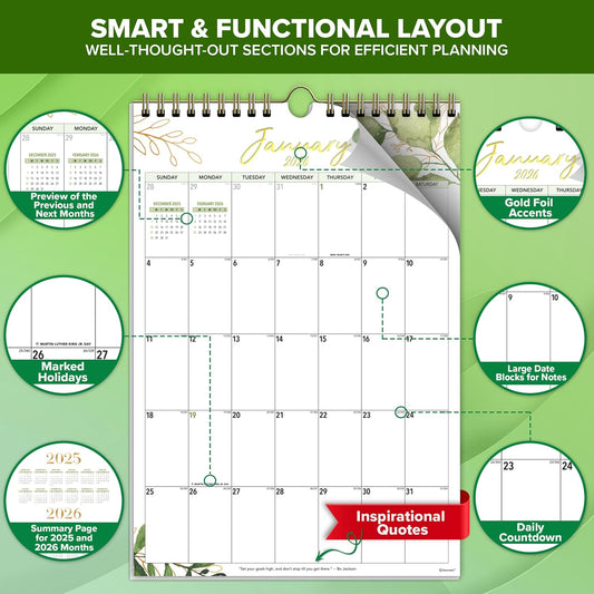 Decorably 18 Months Gold-Foiled Greenery Academic Hanging 2025 Calendar Wall July 2025 to Dec 2026, 10x14.5in Spring-Bound Office Wall Calendar with Stickers & Inspirational Quotes, Work and Home