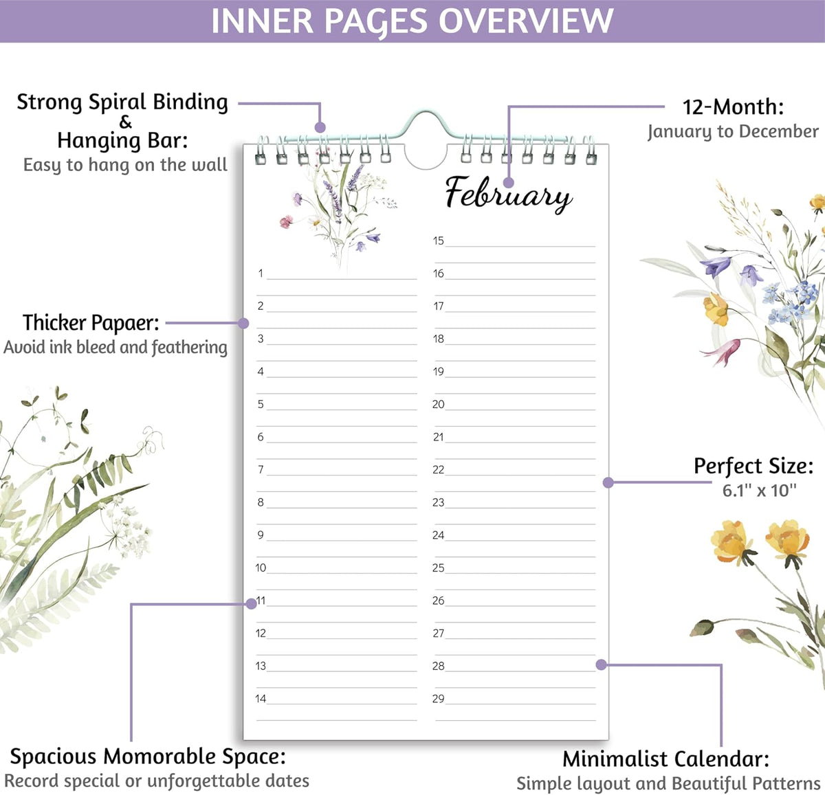 Perpetual Calendar – Undated Calendar 12-Month for Birthday, Anniversaries, Important Days, Festivals Reminder, 6'' x 10'' with 2 Lines Per Days, Twin-wire Binding, Thicker Paper, Minimalist Flowers