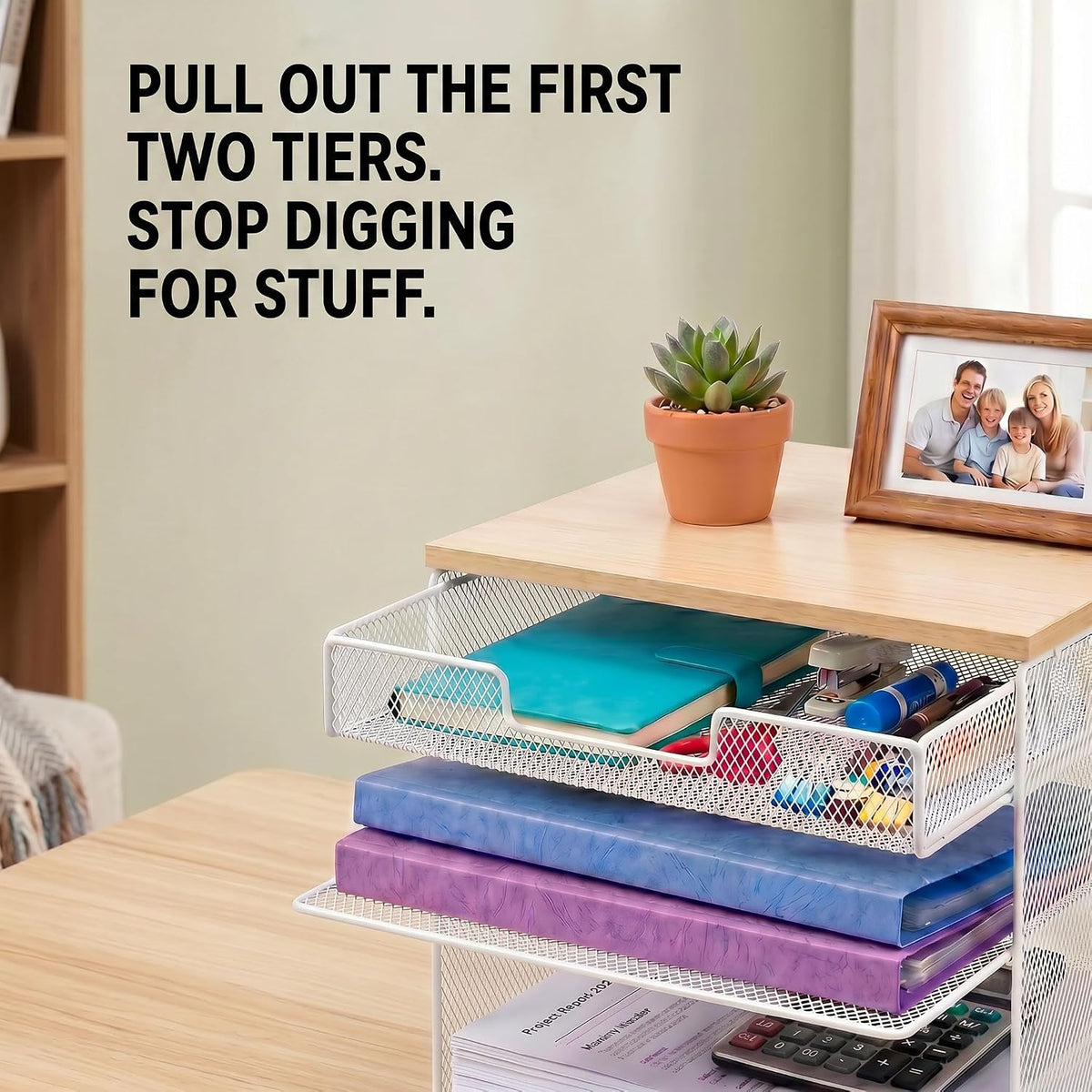 4-Tier Mesh Desk Organizer and Accessories with Drawer Wooden Top Desktop Organizers Letter Tray Paper Organizer File Holder for Home Office School White