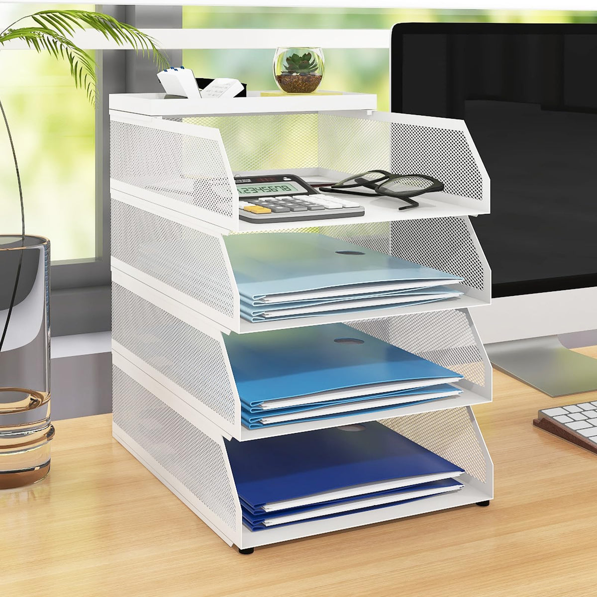 Natwind 4-Tier Stackable Metal Mesh Desk Paper Tray Organizer,Black