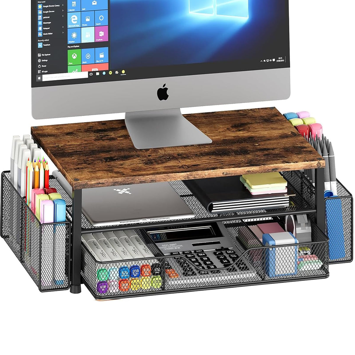 OPNICE Desk Organizer and Accessories, Computer Monitor Stand Riser with Drawer and 2 Pen Holders, Laptop Stand, Office Desk Accessories for Office Supplies, Black