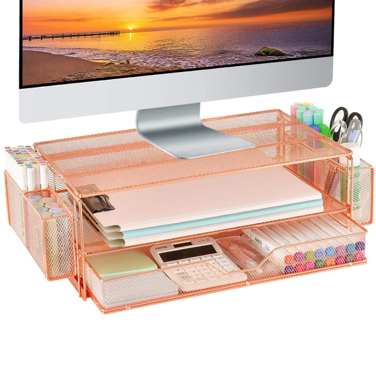 AUPSEN Wood Desk Organizers and Accessories, 2-Tier Computer Monitor Stand Riser with Drawer, Pen Storage & Phone Holder, Office Desk Accessories, Workspace Desktop Organization for Office Supplies（Brown）