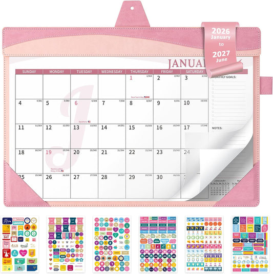 Ospelelf Desk Calendar 2026-2027 with Storage Pocket Protective Cover Large 12"x17" Leather Monthly Wall Planner Pad 18 Months January 2026 - June 2027 Pink