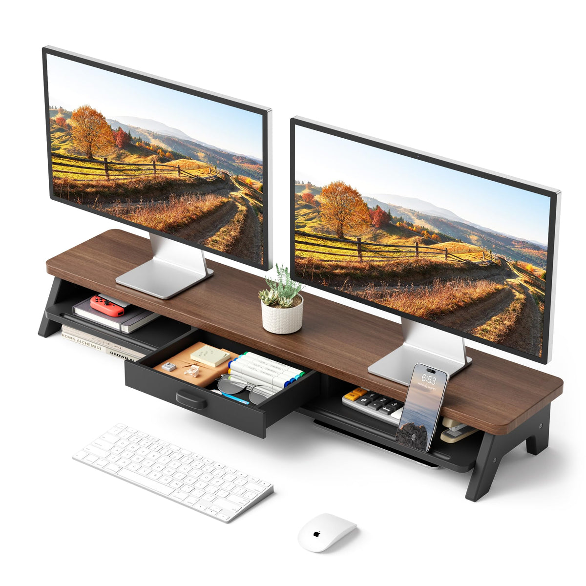 Dual Monitor Stand Riser, 39.4 Inch Large Monitor Stand with Storage Shelf, 2-Tier Desk Organizer for PC, Laptop, Printer | 2 Slots for Phone/Tablet, Computer Monitor Riser, Wood Desk Shelf for TV