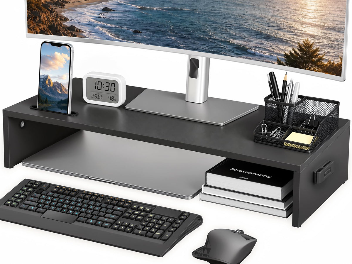 1home Monitor Stand Riser, 16.7 Inch Wood Monitor Riser Stand with Storage Organizer, Desktop Ergonomic Monitor Stand Riser with Cellphone Holder and Cable Management, Black