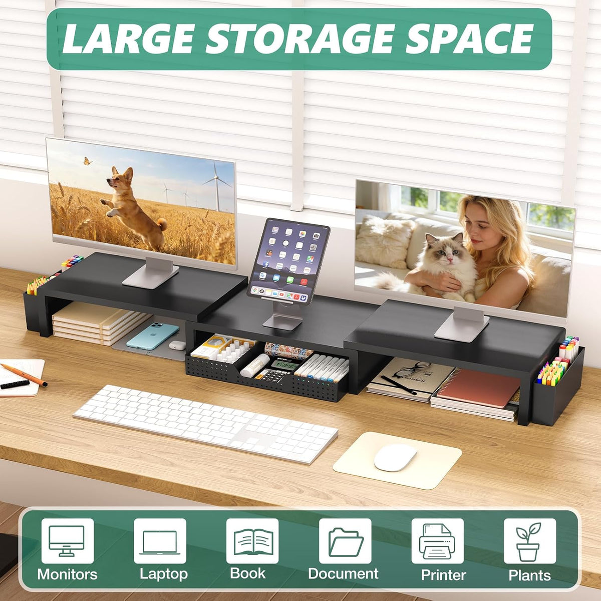 OPNICE Desk Organizer and Accessories, Computer Monitor Stand Riser with Drawer and 2 Pen Holders, Laptop Stand, Office Desk Accessories for Office Supplies, Black