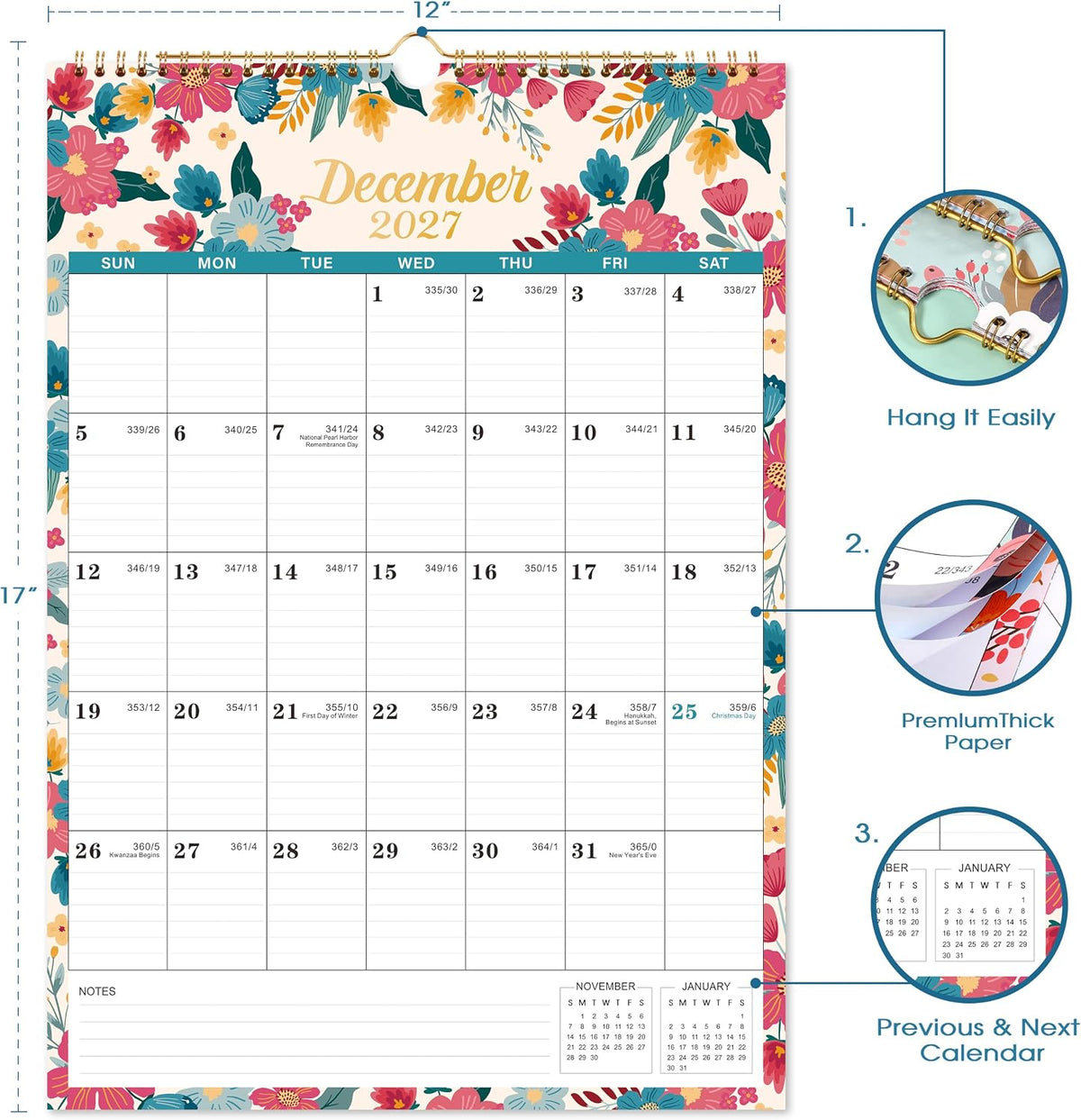 2027 Calendar - 2027 Wall Calendar from Jan. 2027 - Dec. 2027, 12" x 17"