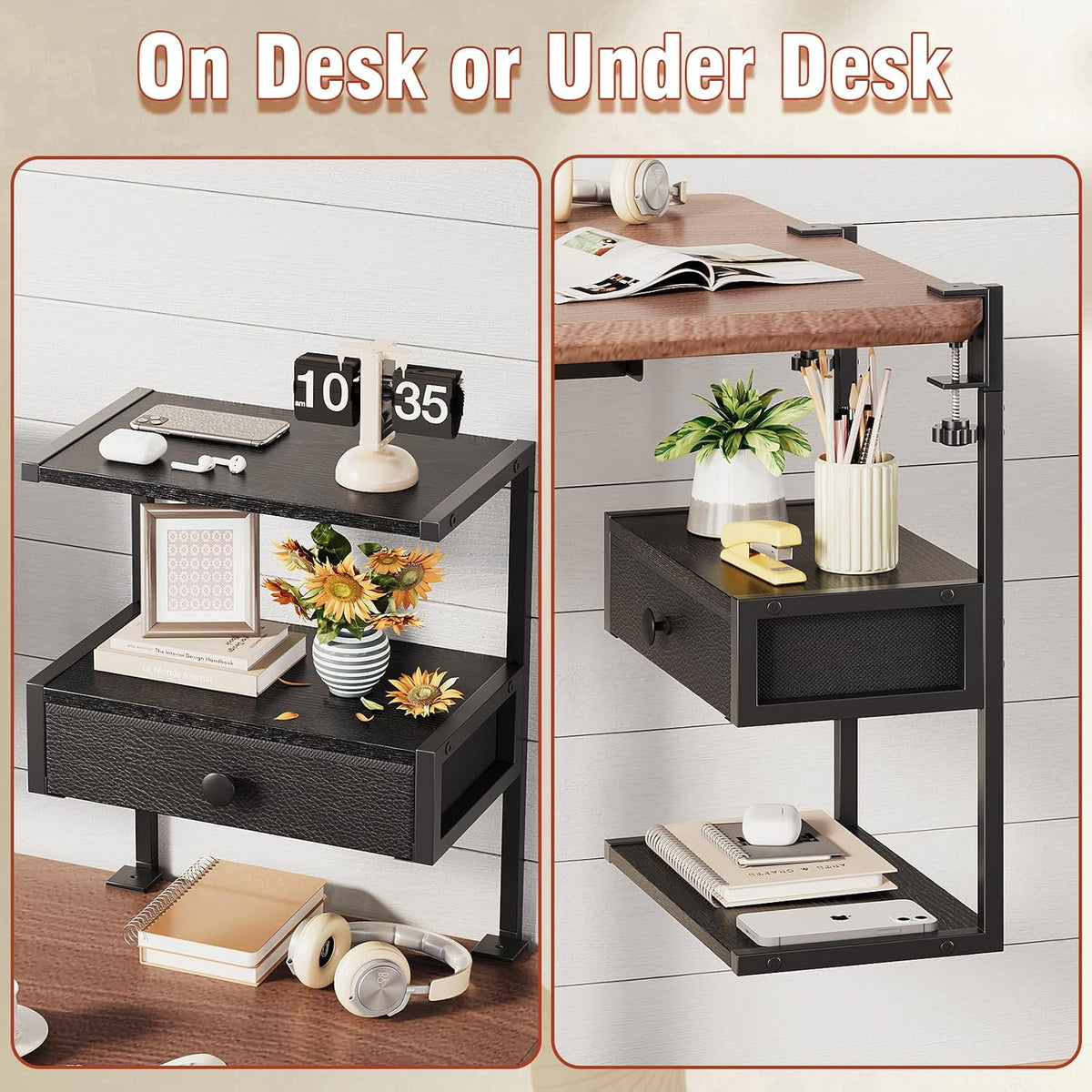 VENNQD Clamp On Desk Shelf, 2-Tier Desktop Organizer, Wood Desktop Supplies Tabletop Book Storage Rack with Adjustable Shelves for Table Working and Gaming Accessories, Black