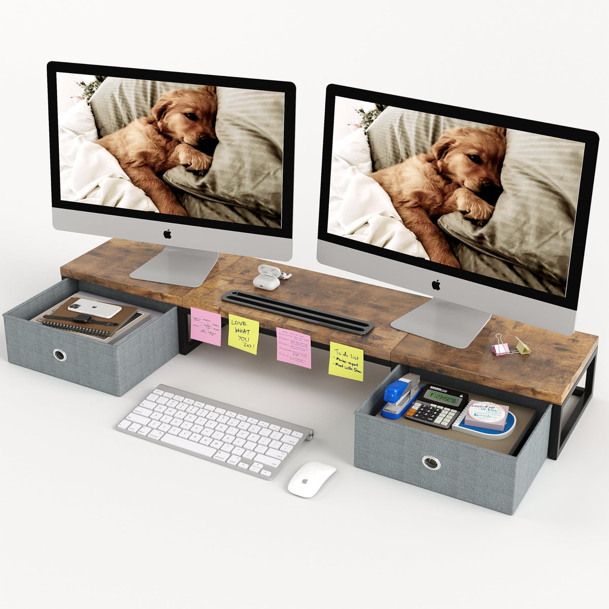39 Inch Dual Monitor Stand Riser with 2 Drawers - Large Black Wooden Computer Stand for 2 Monitors, Ergonomic Desk Organizer with Phone Holder, Desktop Storage for Laptop, Office Supplies, Home Office