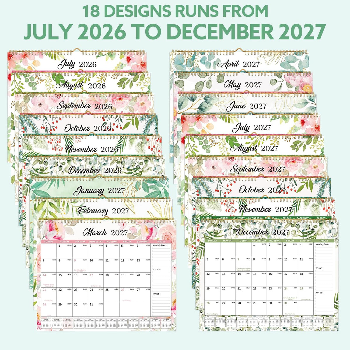 2026-2027 Wall Calendar, 14.5" x 11.8" 18 Month Green Leaves