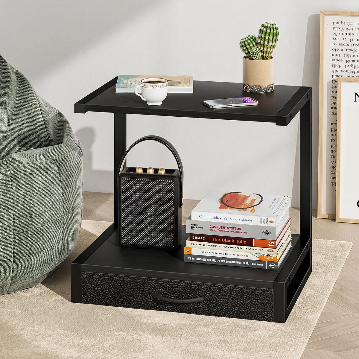 YAOHUOO 2-Tier Desktop Printer Stand with Fabric Drawer,17.3"x11.8" Black