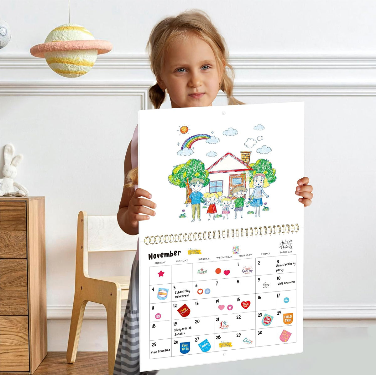 Blank Scrapbook Wall Calendar, Spiral-Bound Hanging Monthly Calendar, DIY Blank Calender with 400 Stickers for Office, Home, Kids, Adults (12” x 9” closed，18” x 12” open size)