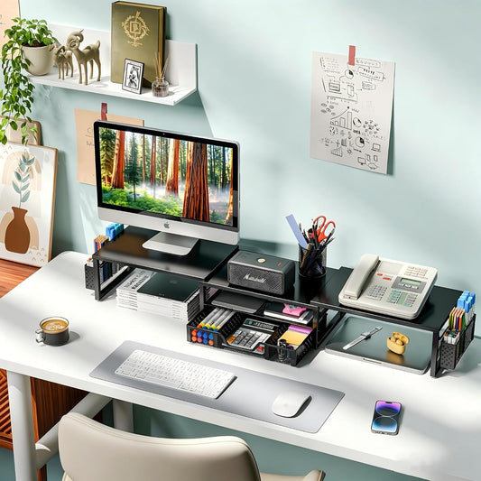 Simple Trending Dual Monitor Stand with Drawer and 2 Pen Holders, Black
