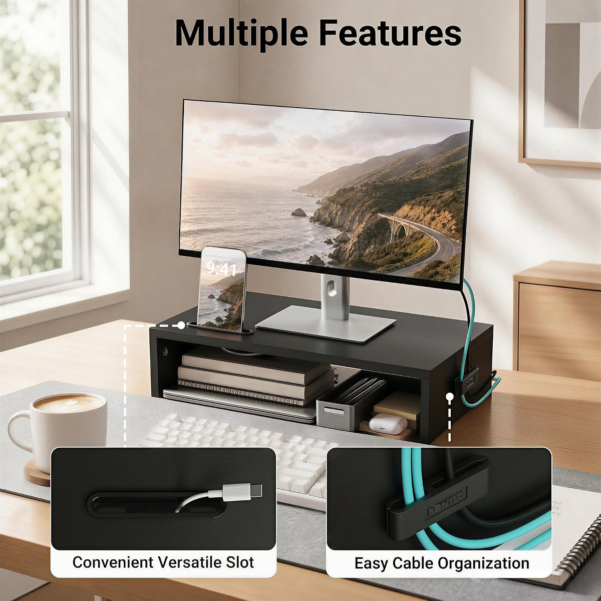 1home Monitor Stand Riser, 16.7 Inch Wood Monitor Riser Stand with Storage Organizer, Desktop Ergonomic Monitor Stand Riser with Cellphone Holder and Cable Management, Black