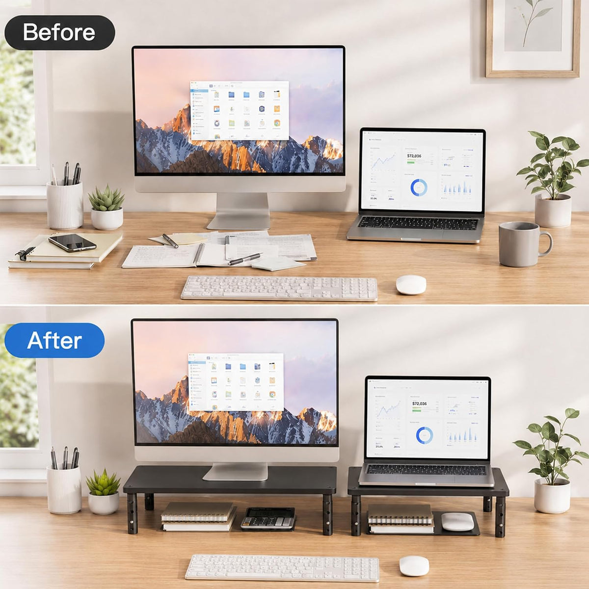 OPNICE Adjustable Monitor Stand Riser for Desk, Wood Computer & Laptop Stand, Desk Organizers and Accessories, Office Desk Accessories & Workspace Organizer for Home Office Supplies, Black 2-Pack