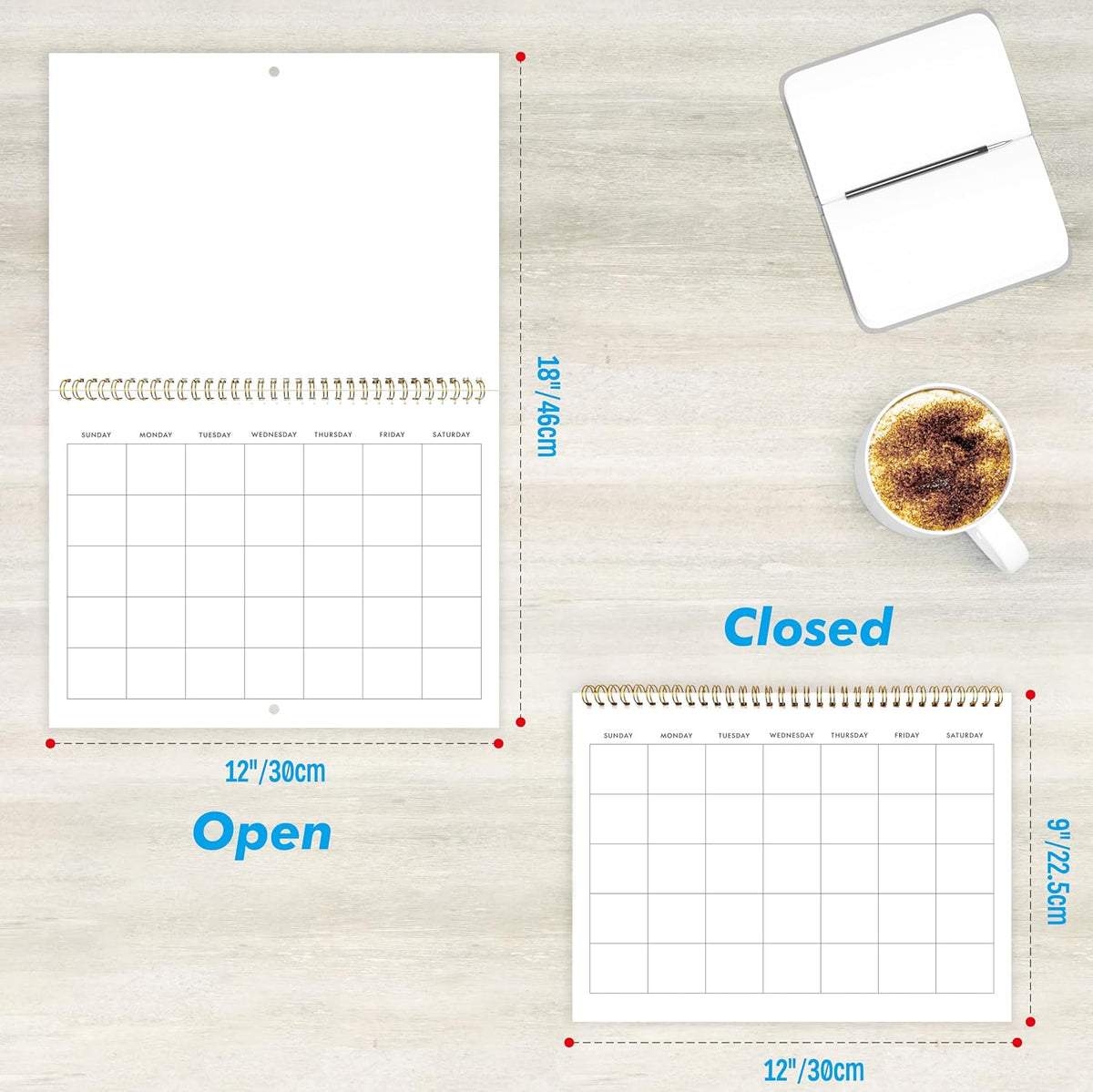 Blank Scrapbook Wall Calendar, Spiral-Bound Hanging Monthly Calendar, DIY Blank Calender with 400 Stickers for Office, Home, Kids, Adults (12” x 9” closed，18” x 12” open size)