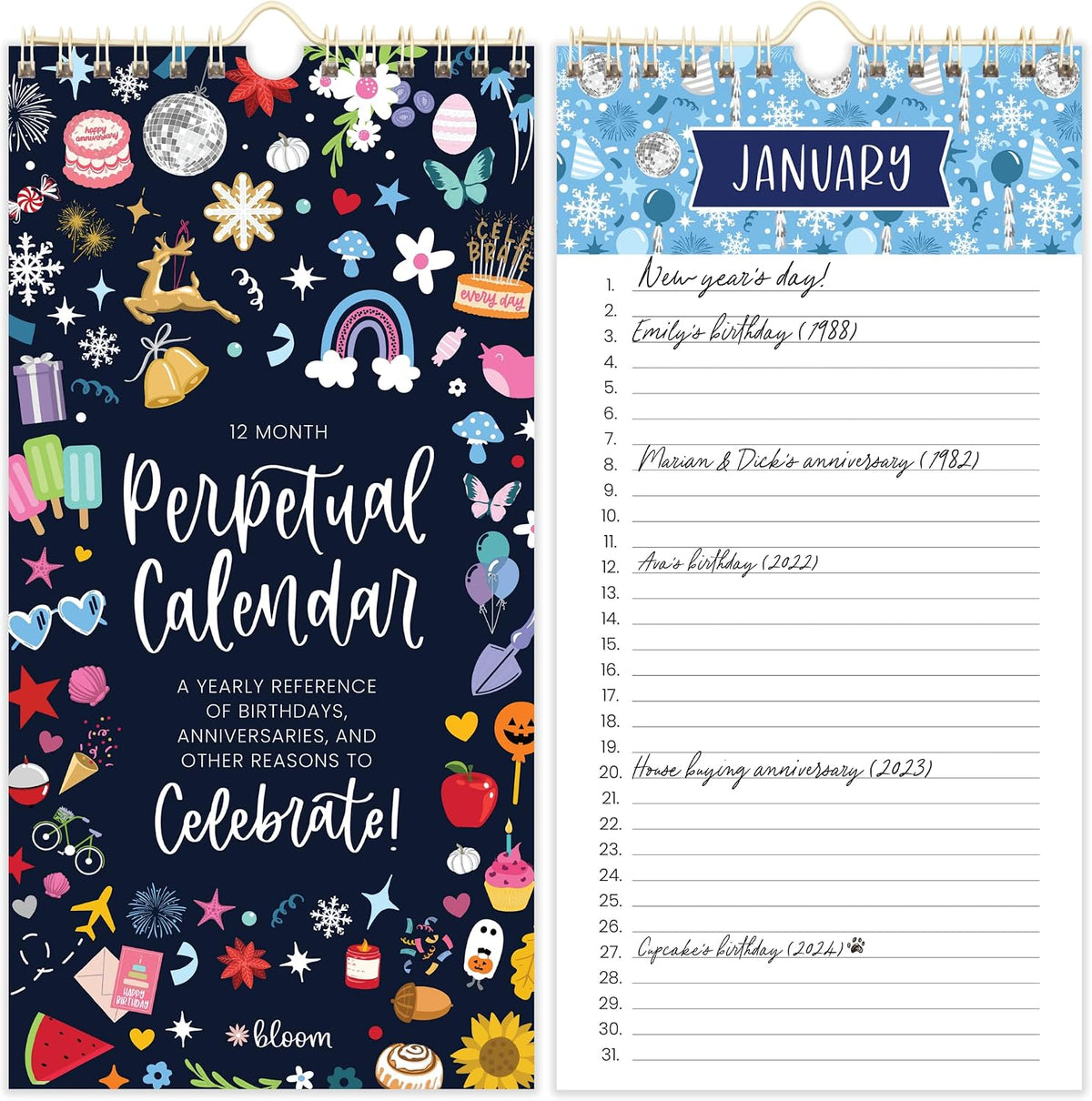 bloom daily planners Perpetual Hanging Flip Calendar - 5” x 10” - Monthly Wall Organizer Notepad for Important Dates, Birthdays, Anniversaries - Holiday Icons