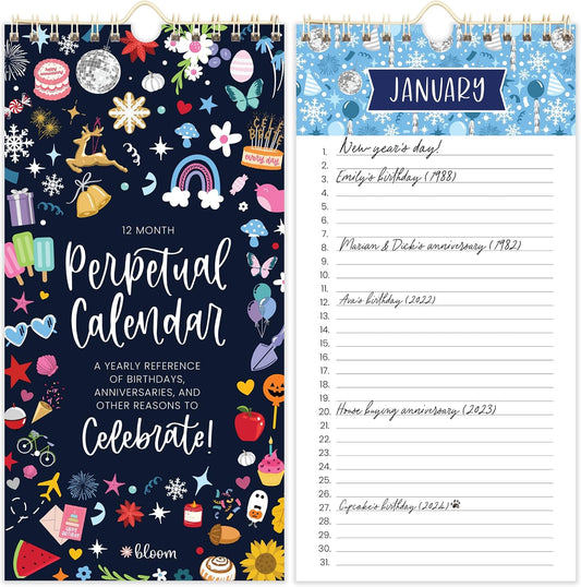 bloom daily planners Perpetual Hanging Flip Calendar - 5” x 10” - Monthly Wall Organizer Notepad for Important Dates, Birthdays, Anniversaries - Holiday Icons