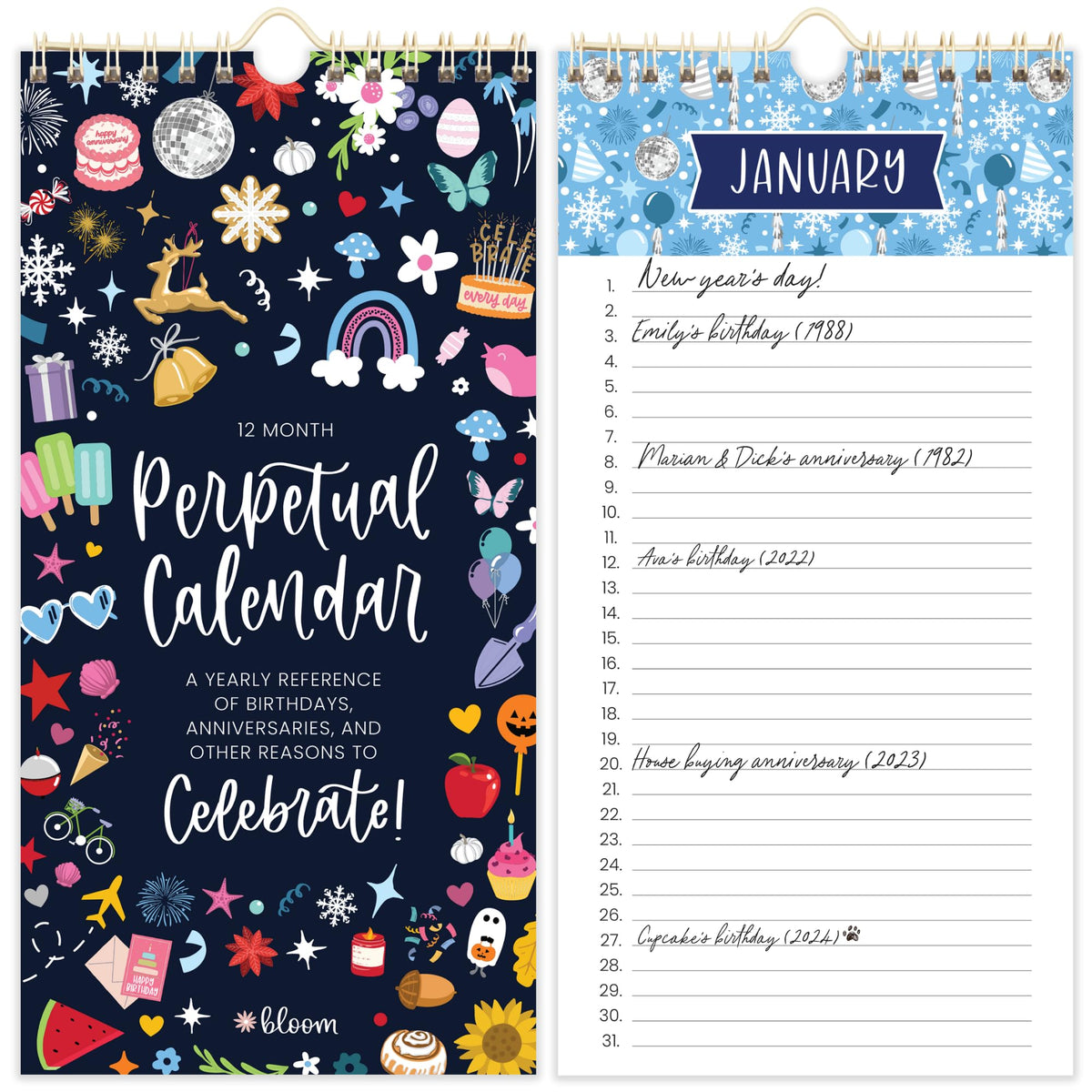 bloom daily planners Perpetual Hanging Flip Calendar - 5” x 10” - Monthly Wall Organizer Notepad for Important Dates, Birthdays, Anniversaries - Holiday Icons