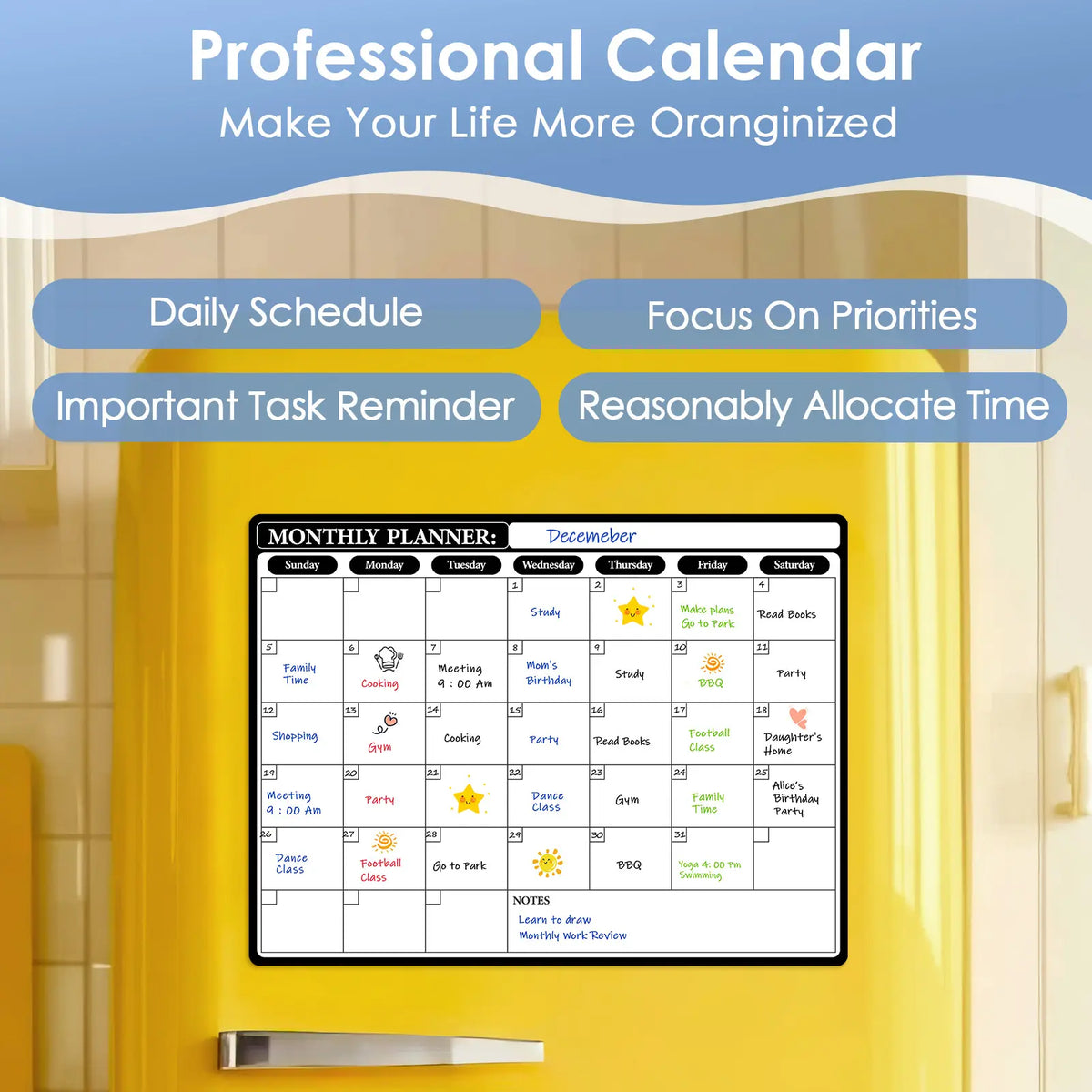MaxGear Magnetic White Board Calendar for Fridge, 16x12in Monthly Dry Erase Planner for Home Meal Planning & Track Schedules, Strong Magnetic Backing, Easy to Wipe Clean, Includes Markers and Eraser