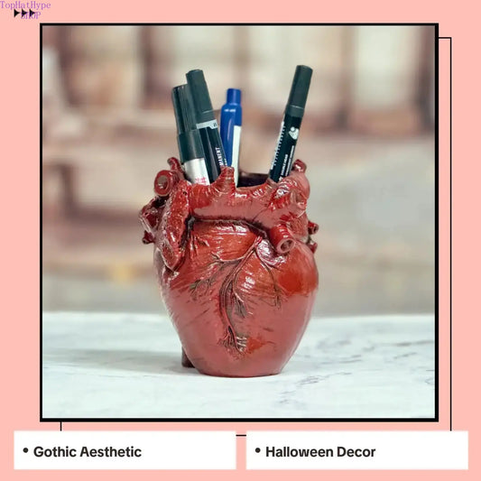 Gothic Anatomical Heart Design Resin Pen Holder - Freestanding Desk Organizer Tidy, High Material Quality Horror Enthusiast Decor, Distinctive Halloween Gift