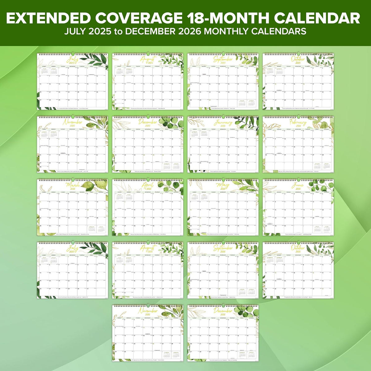 Decorably 18 Months Gold-Foiled Greenery Academic 18 Month 2025 Calendar Wall July 2025 to Dec 2026, 14.5x11.5in Spring-Bound Green Wall Calendar with Inspirational Quotes for Office and Home Planning