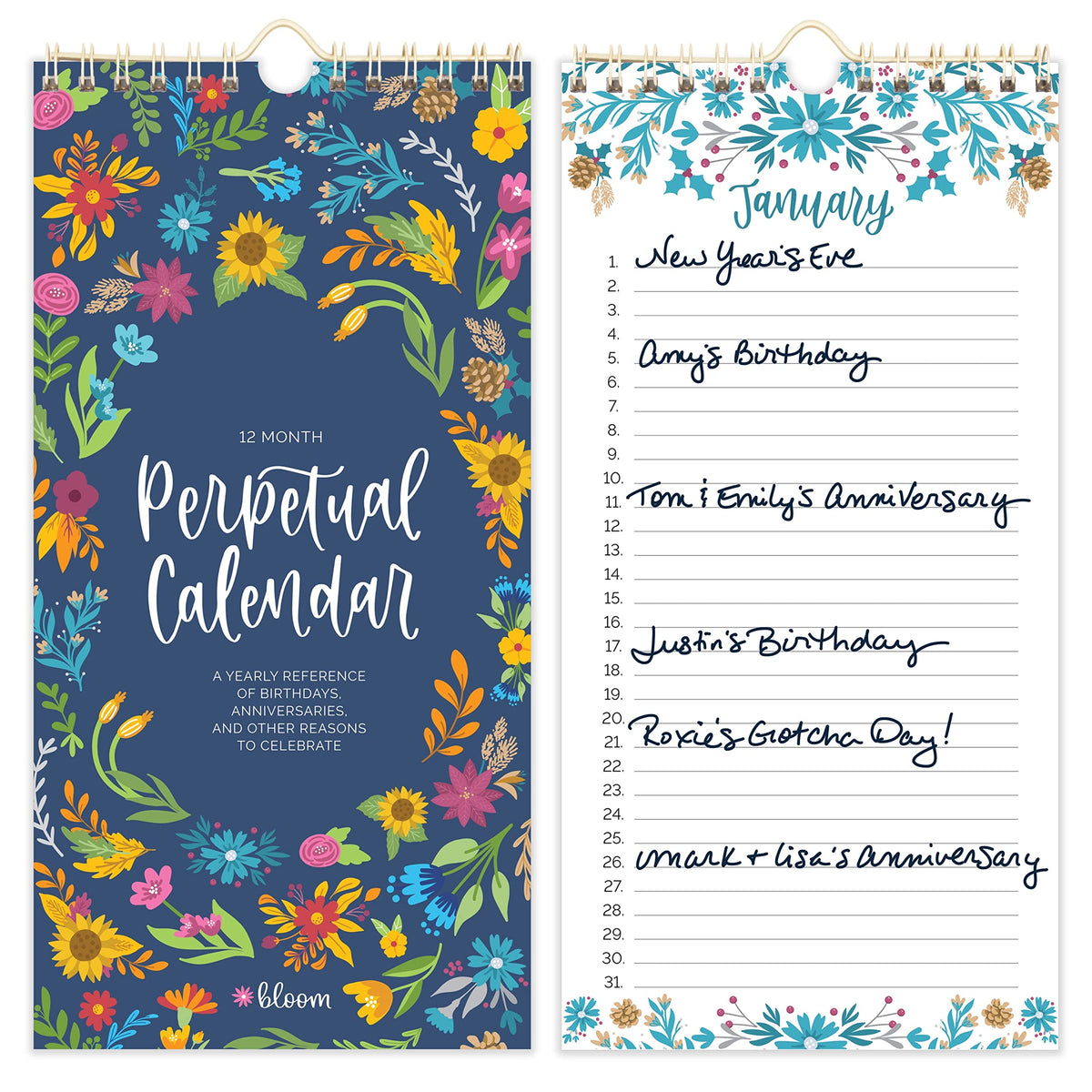 bloom daily planners Perpetual Hanging Flip Calendar - 5” x 10” - Monthly Wall Organizer Notepad for Important Dates, Birthdays, Anniversaries - Holiday Icons