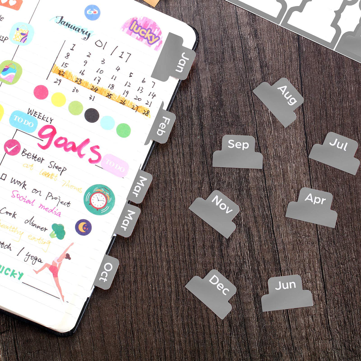 Outus 24 Pcs Monthly Adhesive Tabs for Planner, Black