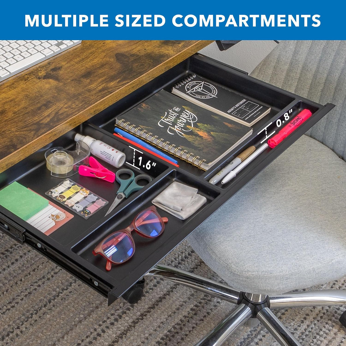 Mount-It! Deep Under Desk Storage Drawer, 4 Compartments, 25.8 in W, Black