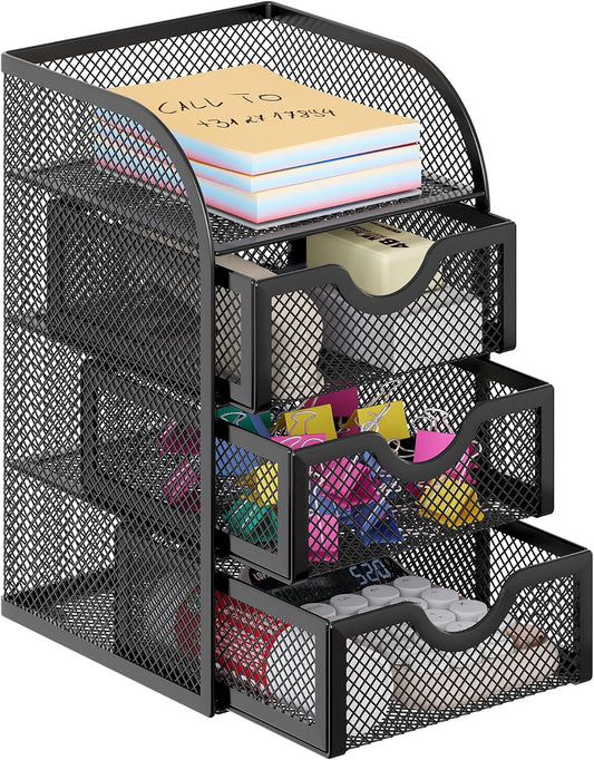 EasyPAG Mesh Desk Organizer with 3 Drawer Office Desktop Organizers and Accessories Stationery Caddy for Office, Home, Students, Black
