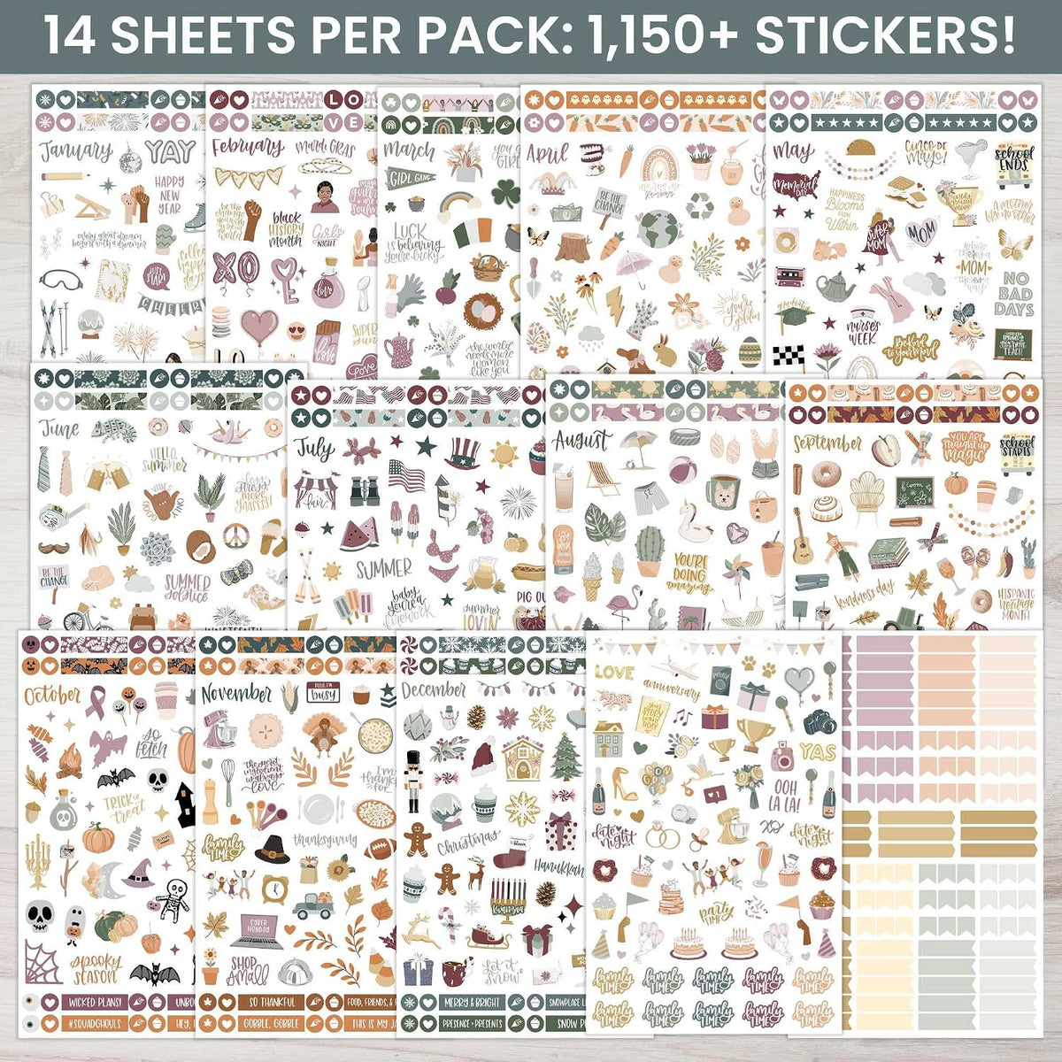 bloom daily planners Monthly Celebrations Planner Stickers for Calendar Decorating, Planning, Scrapbooking - Holiday, Seasonal, & General Events (14 Sheets, 1,150+ Stickers per Pack) - Cool Tones