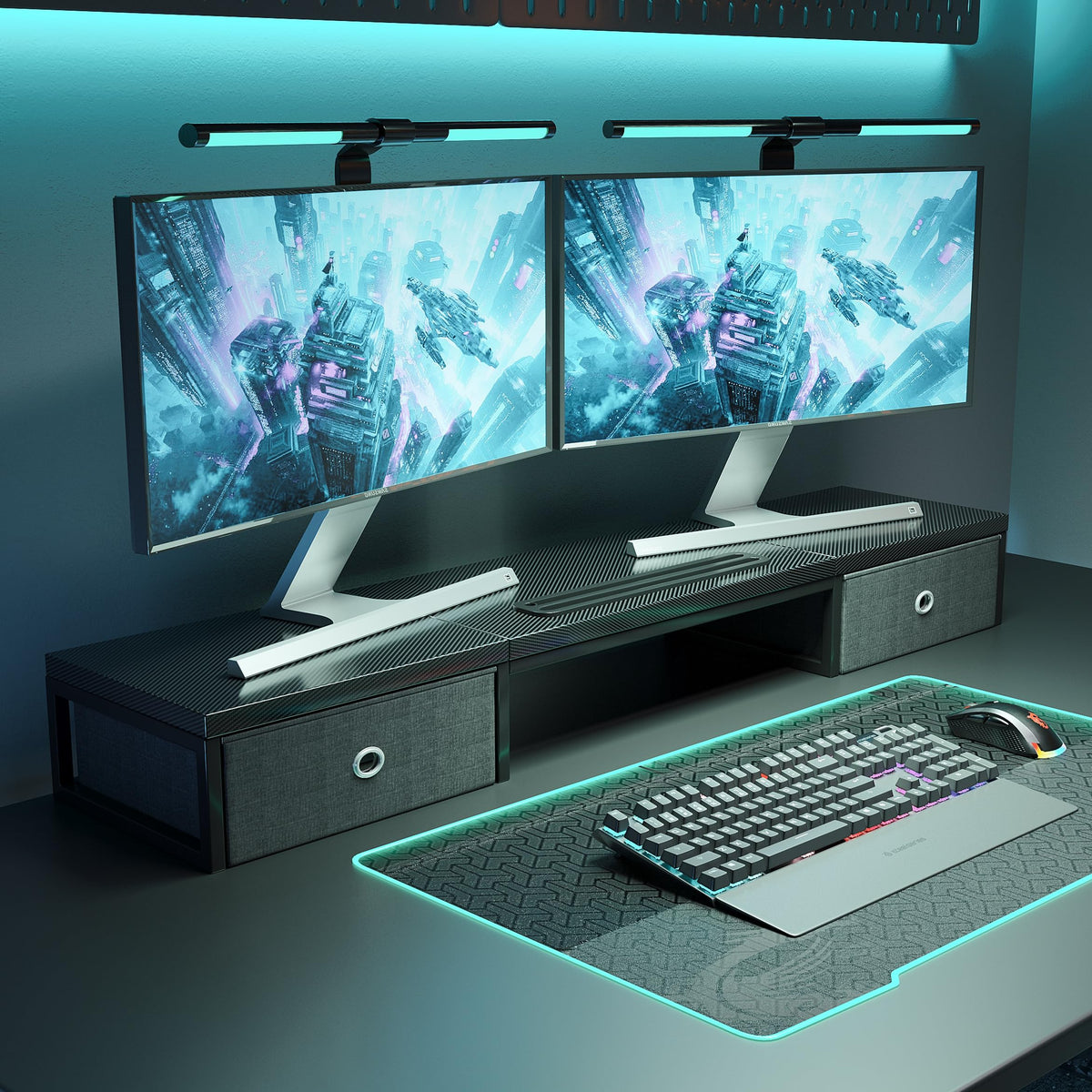 39 Inch Dual Monitor Stand Riser with 2 Drawers - Large Black Wooden Computer Stand for 2 Monitors, Ergonomic Desk Organizer with Phone Holder, Desktop Storage for Laptop, Office Supplies, Home Office