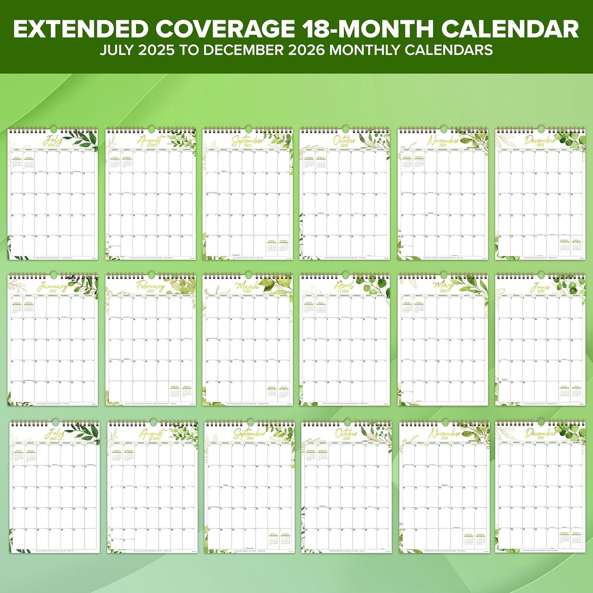 Decorably 18 Months Gold-Foiled Greenery Academic Hanging 2025 Calendar Wall July 2025 to Dec 2026, 10x14.5in Spring-Bound Office Wall Calendar with Stickers & Inspirational Quotes, Work and Home
