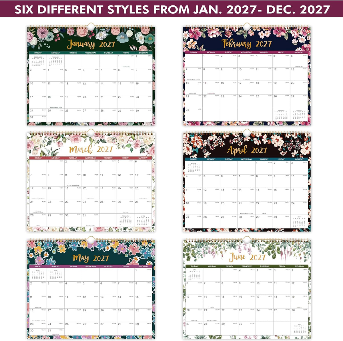 2027 Calendar - 2027 Wall Calendar, Jan. 2027 - Dec. 2027, 12-Month Calendar, 15" x 11.5", Twin-Wire Binding + Hanging Hook + Thick Paper + Unruled Blocks with Julian Dates - Floral