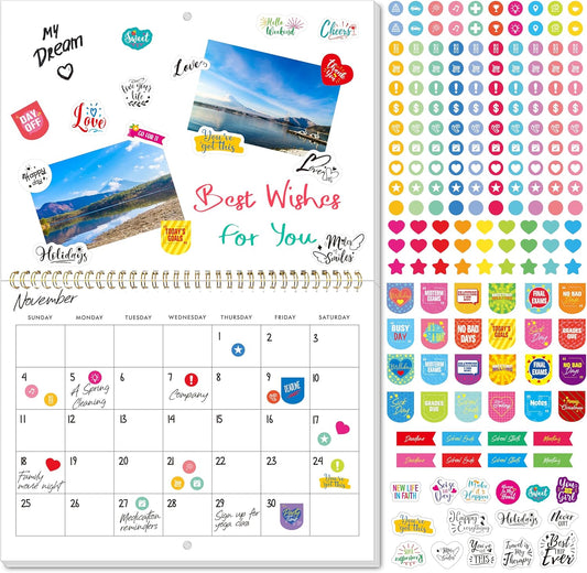 Blank Scrapbook Wall Calendar, Spiral-Bound Hanging Monthly Calendar, DIY Blank Calender with 400 Stickers for Office, Home, Kids, Adults (12” x 9” closed，18” x 12” open size)