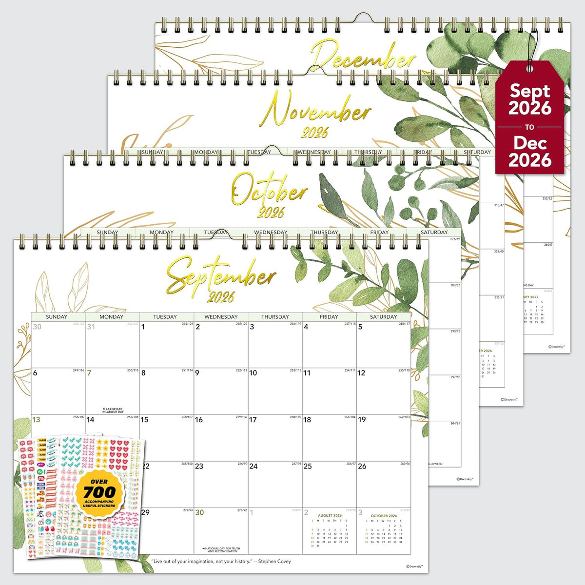 Decorably 18 Months Gold-Foiled Greenery Academic 18 Month 2025 Calendar Wall July 2025 to Dec 2026, 14.5x11.5in Spring-Bound Green Wall Calendar with Inspirational Quotes for Office and Home Planning