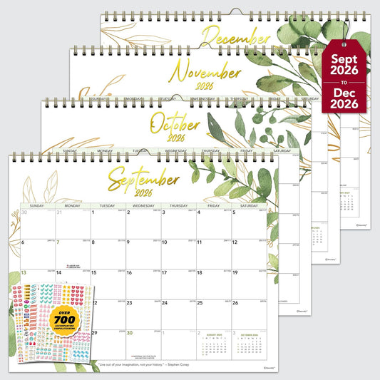 Decorably 18 Months Gold-Foiled Greenery Academic 18 Month 2025 Calendar Wall July 2025 to Dec 2026, 14.5x11.5in Spring-Bound Green Wall Calendar with Inspirational Quotes for Office and Home Planning