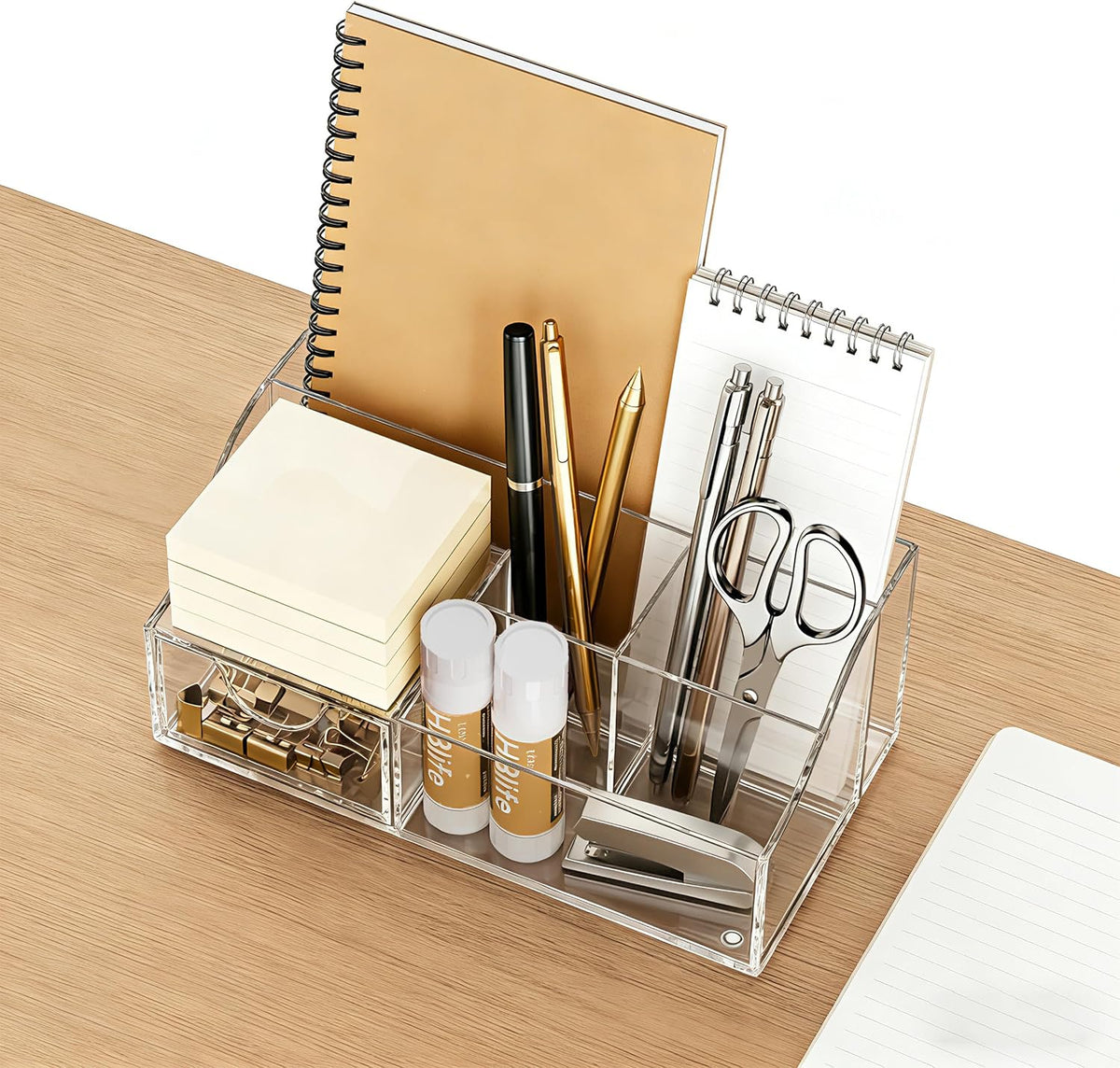 HBlife Acrylic Desk Organizer with Drawer, Pen & Pencil Holder, Multifunctional Desktop Caddy for Office Supply and Organization (Clear)