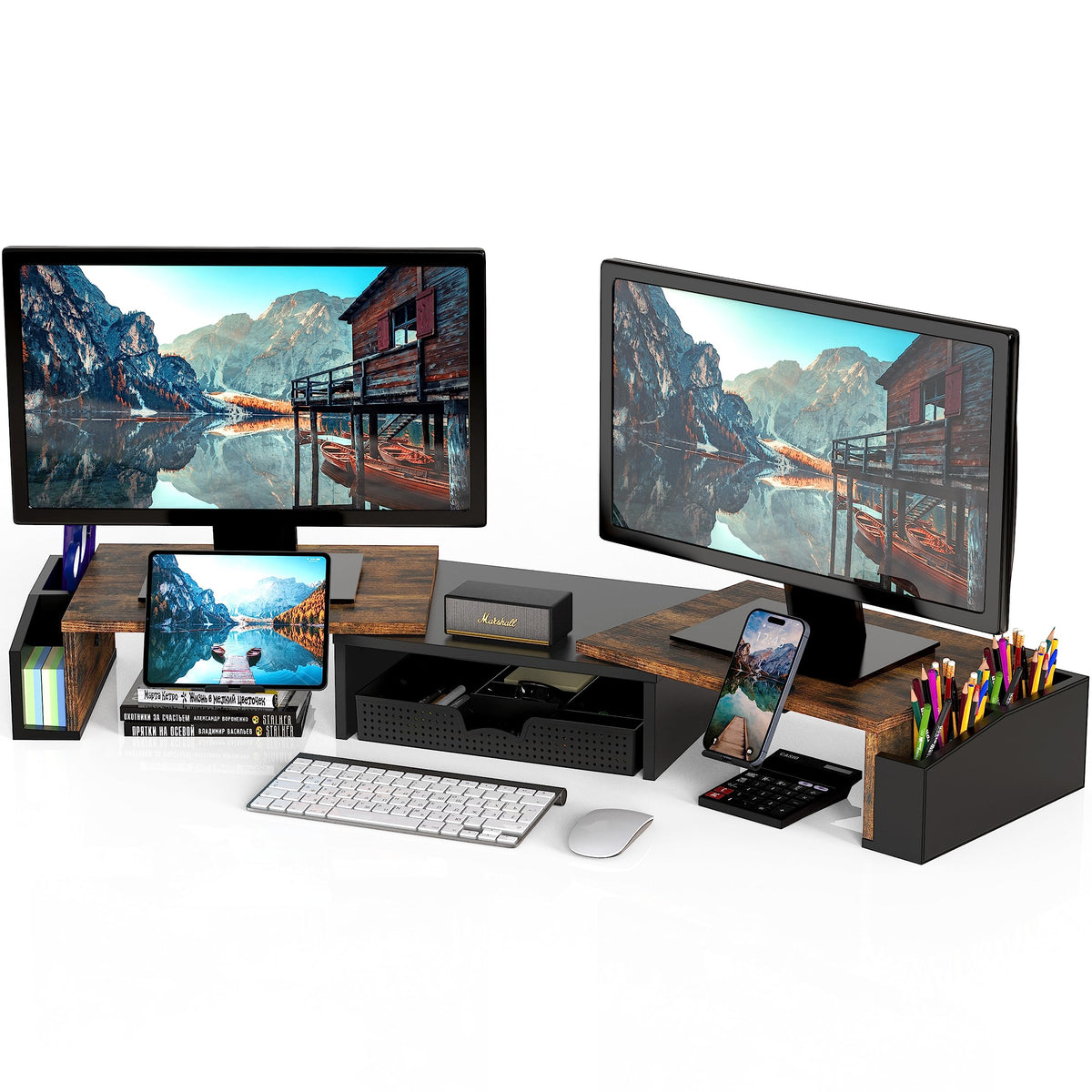 Simple Houseware Desk Dual Monitor Stand Riser with Drawer, Maple