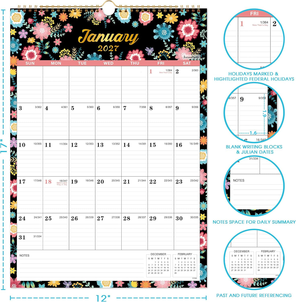 2027 Calendar - 2027 Wall Calendar, Jan. 2027 - Dec. 2027, 12" x 17"