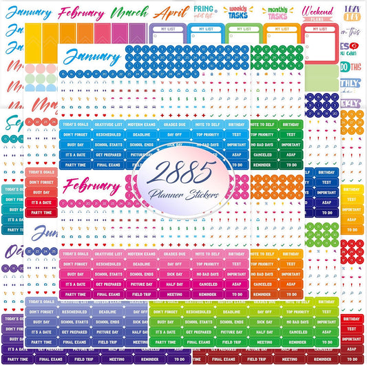 2885 Planner Stickers, Color Coordinating Monthly Functional Stickers Daily Calendar Stickers Aesthetic Note to Do Blank Stickers for Scrapbooks, Planner, Budget, Work, DIY Activity, Diary, Journal
