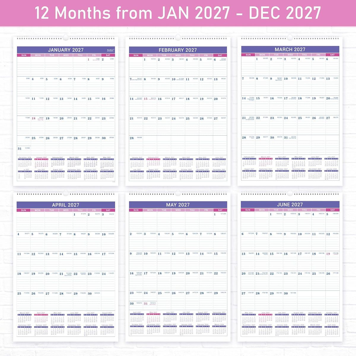 2027 Wall Calendar, Jan 2027 - Dec 2027, 12 Months Wall Calendar